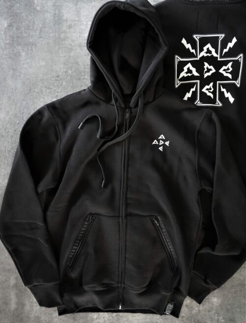heavy zipped and hooded sweatshirt, manufactured with very resistant fabric